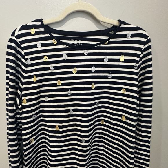 TALBOTS CREWNECK LONG SLEEVE STRIPED NAVY TEE - SHIMMER STRIPE ORNAMENT 1X - Picture 3 of 6